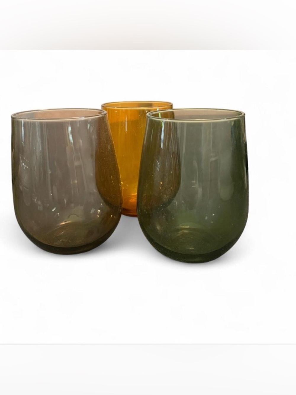 Set of 3 Colored Stemless wine Glasses - Olive Green, Amber, Smoky Gray plastic